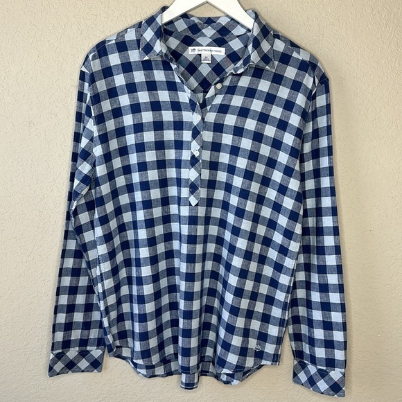 Southern Tide Blue White Gingham Linen Blend Popover Shirt Size M - Picture 2 of 12